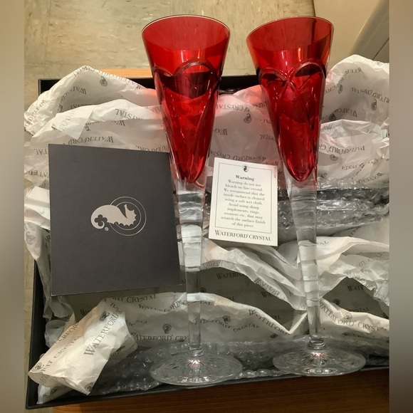 Waterford Crystal Other - Pair of Waterford Crimson Ruby Red Champagne Flutes 11 w/Cut Heart Love Romance‌